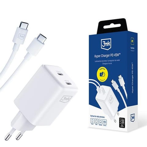⁨Ładowarka sieciowa 3mk Hyper Charger PD 45W+USB Cable C to C White⁩ at Wasserman.eu
