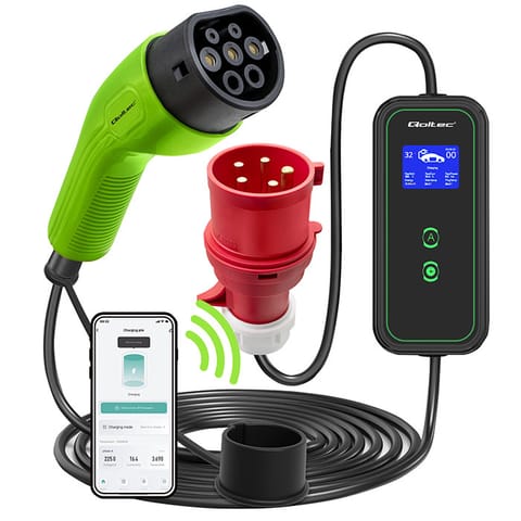 ⁨Qoltec Mobile EV Car Charger Adjustable 2in1 Type2 | 7kW | 230V | CEE 3 PIN | Wi-fi| LCD | Portable | Wallbox | 5m⁩ at Wasserman.eu