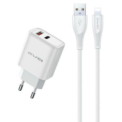 ⁨AWEI ład. siec. PD81L-EU 22.5W + kabel USB + Lightning biała/white GaN⁩ w sklepie Wasserman.eu