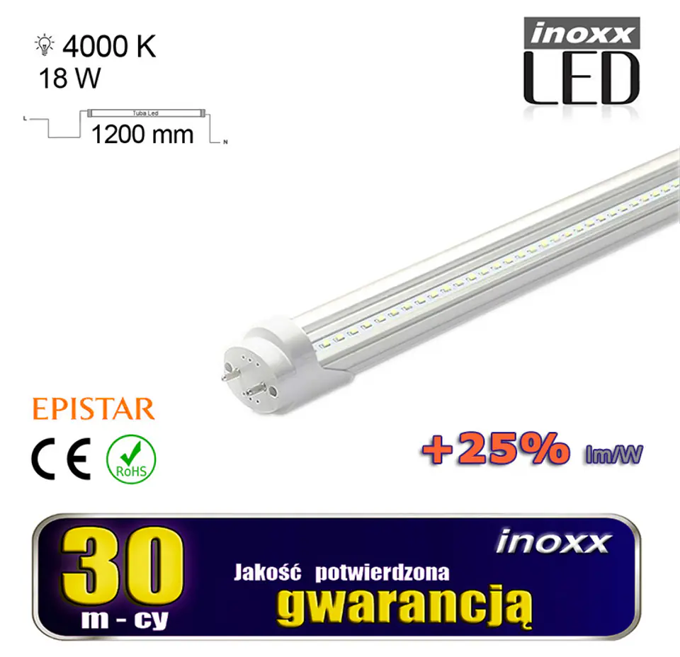 ⁨Świetlówka led 120cm 18w t8 4000k g13 neutralna przezroczysta⁩ w sklepie Wasserman.eu