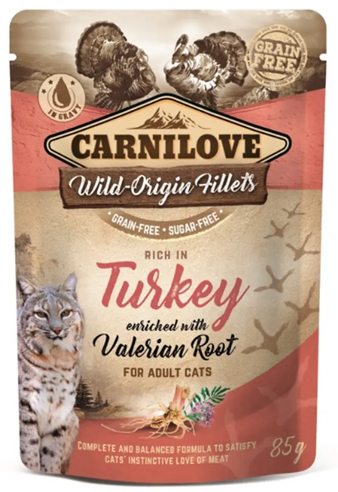 ⁨CARNILOVE CAT POUCH ADULT TURKEY WITH VALERIAN ROOT GRAIN-FREE 85g⁩ at Wasserman.eu