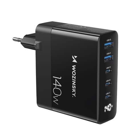 Ładowarka sieciowa 100-240V GaN 140W 3x USB-C / 2x USB-A czarna w sklepie Wasserman.eu