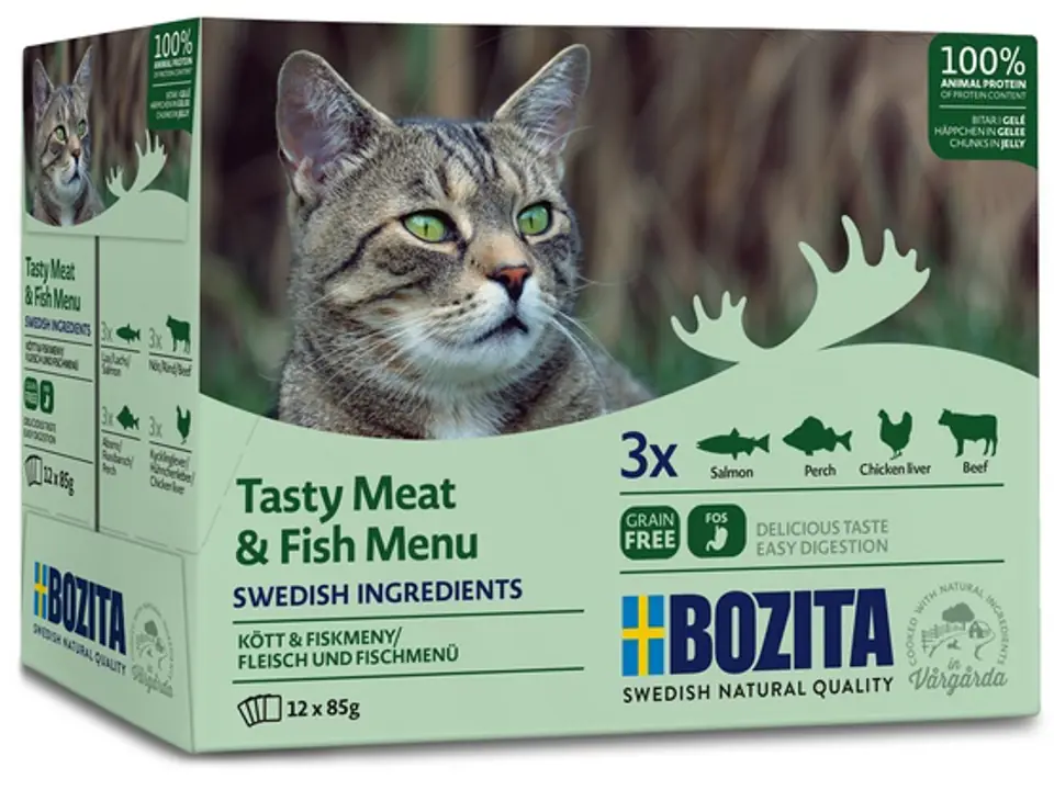 ⁨Bozita Cat Multibox z mięsem i rybą w galaretce saszetki 12x85g⁩ w sklepie Wasserman.eu