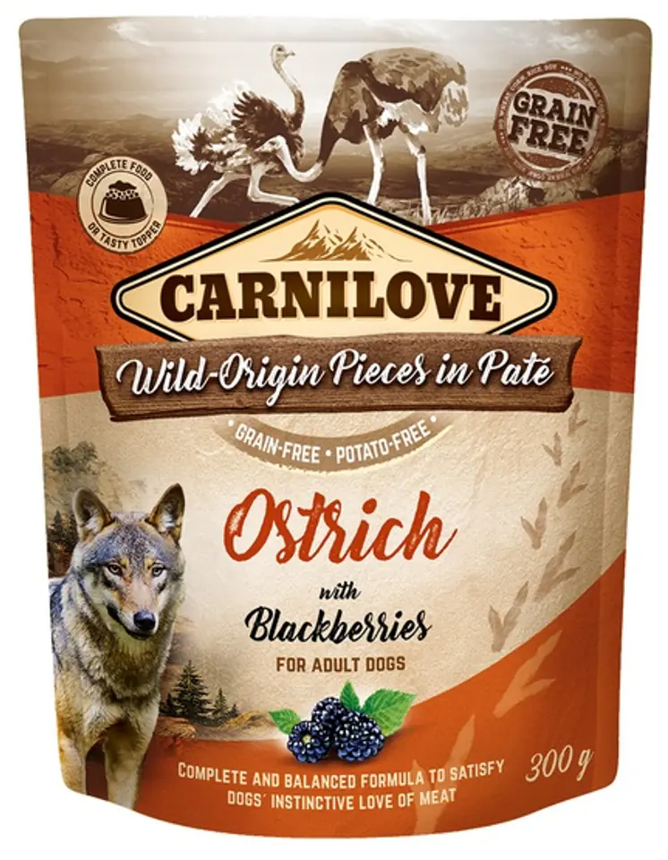 ⁨CARNILOVE DOG POUCH ADULT OSTRICH WITH BLACKBERRIES GRAIN-FREE 300g⁩ at Wasserman.eu