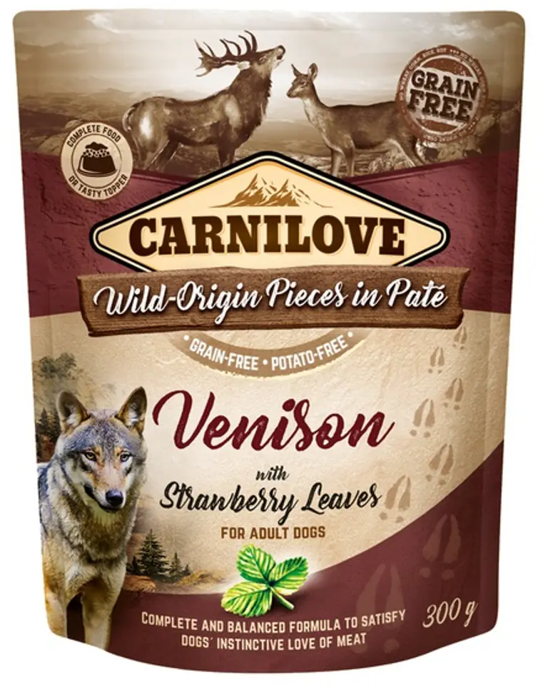 ⁨CARNILOVE DOG POUCH ADULT VENISON WITH STRAWBERRY LEAVES GRAIN-FREE 300g⁩ at Wasserman.eu