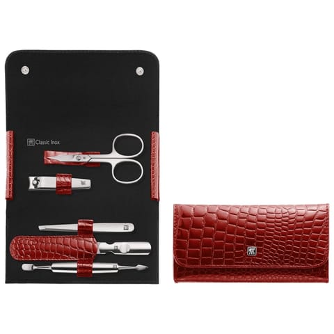 ⁨Zwilling Classic Inox Travel Set – Red Leather Case, 5 Pieces - Red⁩ at Wasserman.eu