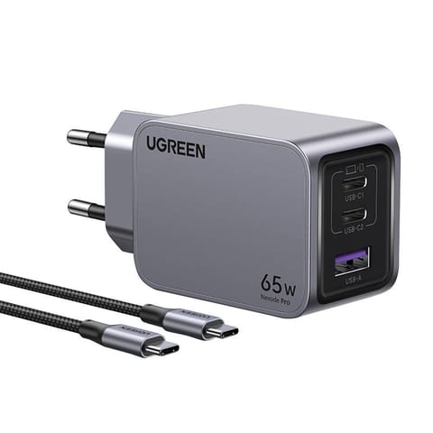 ⁨Ładowarka sieciowa Ugreen Nexode Pro, USB + 2x USB-C, 65W + kabel USB-C 1.5m (czarna)⁩ w sklepie Wasserman.eu