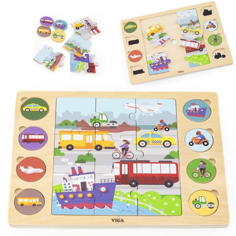 ⁨VIGA Drewniane Puzzle Odgadnij po Cieniu  - Środki Transportu Układanka 17 el.⁩ w sklepie Wasserman.eu