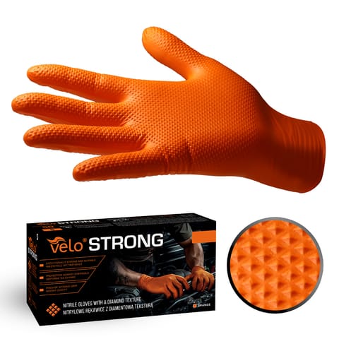 ⁨VELO STRONG GRIP pomarańczowe rozm. XXL /50 szt. Mocne rękawice nitrylowe, robocze z gripem⁩ w sklepie Wasserman.eu