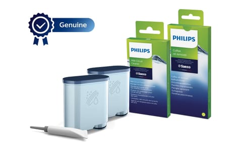 ⁨Zestaw akcesoriów do czyszczenia ekspresów Philips CA6707/10 (2 wkłady filtra AquaClean, 6 saszetek ze środkiem do czyszczenia obiegu mleka, 6 tabletek do usuwania oleju kawowego, Smar)⁩ w sklepie Wasserman.eu