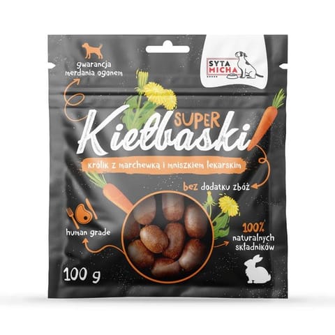 ⁨SYTA MICHA Great sausages with rabbit, carrot and dandelion - dog treat - 100g⁩ at Wasserman.eu