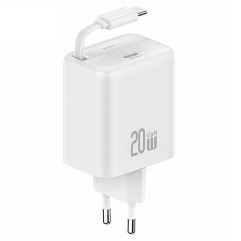 ⁨USAMS Ład. siec. 1xUSB-C ze zwijanym kablem USB-C Retractable PD+QC 20W Gan Fast Charging biały/white YC Series CC233TC02 (US-CC233)⁩ w sklepie Wasserman.eu