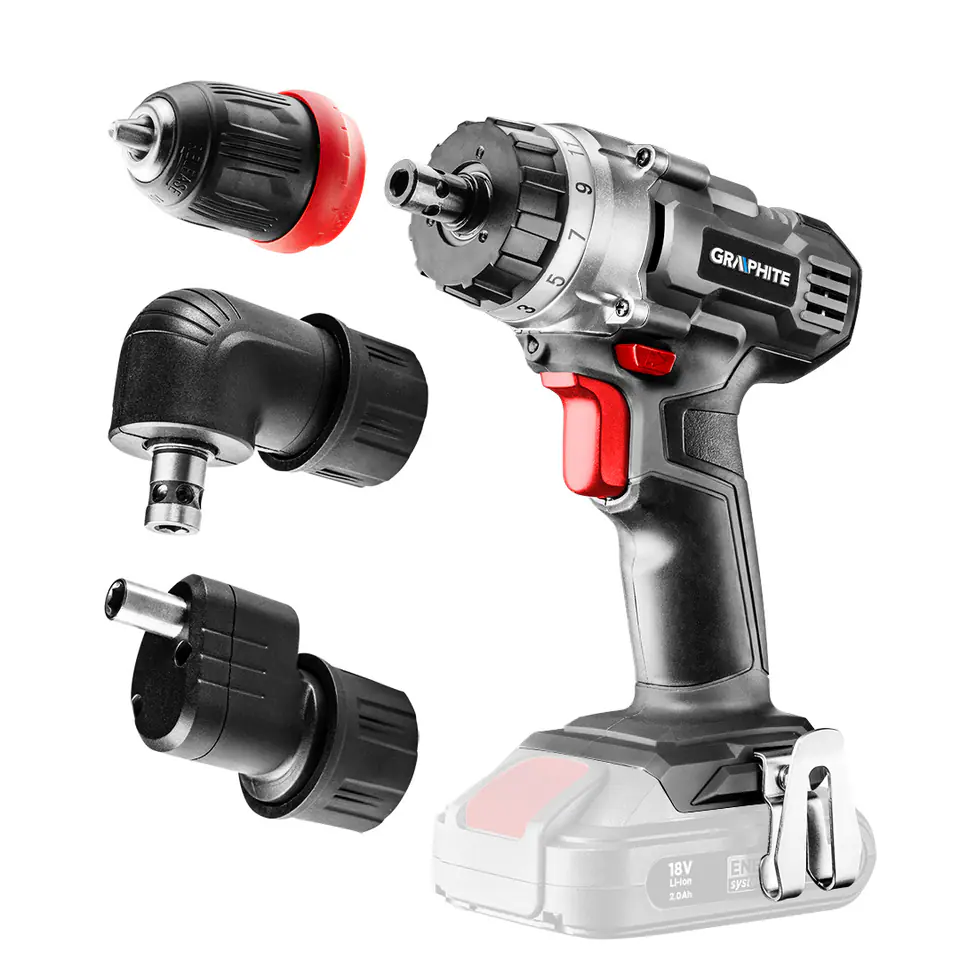 Wiertarko-wkrętarka akumulatorowa Energy+ 18V, zdejmowany uchwyt 10 mm, plus adapter kątowy i adapte w sklepie Wasserman.eu