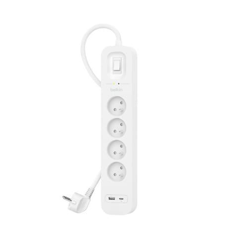 ⁨Listwa zasilająca Belkin Power Surge 4-PORT + 1xUSB-A +1xUSB-C 2.4A PD 525J 2m White⁩ w sklepie Wasserman.eu