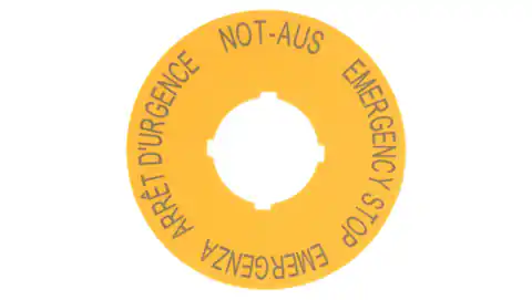 ⁨Tabliczka opisowa żółta okrągła fi60 EMERGENCY STOP M22-XBK1 216483⁩ w sklepie Wasserman.eu