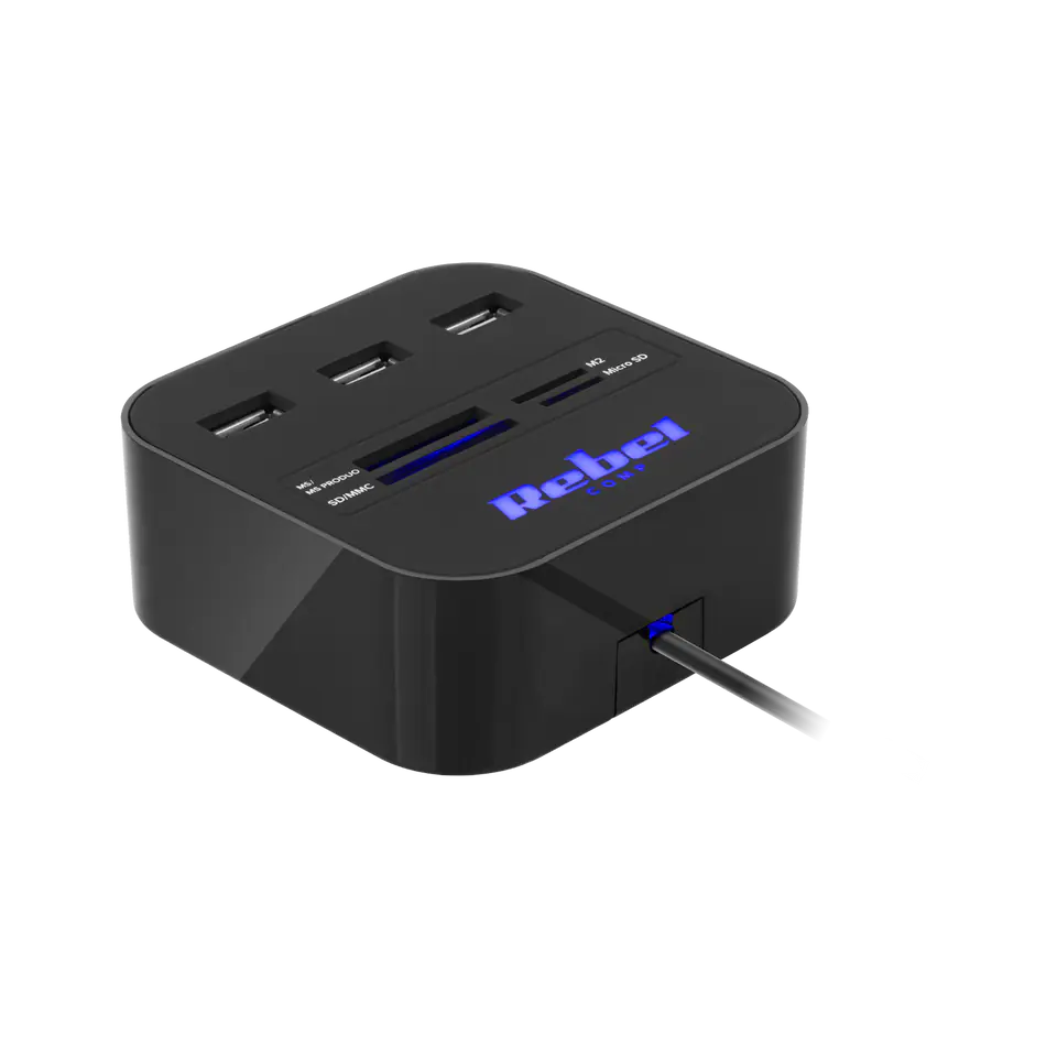 ⁨USB 2.0 HUB 3-port with REBEL MS/SD/M2/MicroSD card reader⁩ at Wasserman.eu