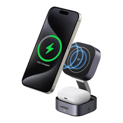 ⁨Ładowarka indukcyjna Qi 2w1 Ugreen W702 do Iphone, AirPods, 15W (szara)⁩ w sklepie Wasserman.eu