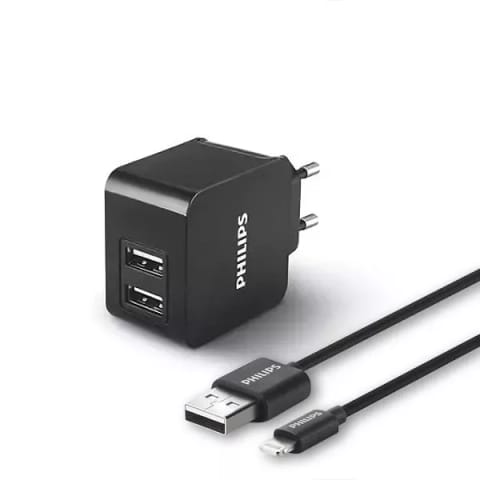 ⁨Ładowarka sieciowa 3A 15,5W Philips + Kabel iPhone 3100mA 2XUSB Dual Quick Charge Phil-DLP2307V/12 Czarny⁩ w sklepie Wasserman.eu