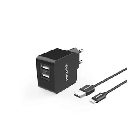 ⁨Ładowarka sieciowa 3A 15,5W czarna Philips + kabel Typ-C USB-C 3100mA 2xUSB Dual Quick Charge phil-dlp2307a/12⁩ w sklepie Wasserman.eu