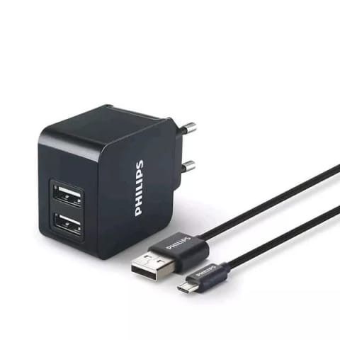 ⁨Ładowarka sieciowa 2A+1A czarna Philips + kabel Micro USB 3100mA 2xUSB Dual 15.5W Quick Charge dlp2307u/12⁩ w sklepie Wasserman.eu