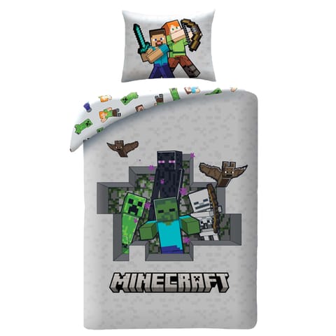 ⁨Pościel mikrofibra 140x200+1p70x90 Minecraft szary⁩ w sklepie Wasserman.eu