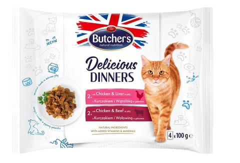 ⁨BUTCHER'S Delicious Dinners Kurczak z Wątróbką, Kurczak z Wołowiną - mokra karma dla kota - 4 x 100 g⁩ w sklepie Wasserman.eu