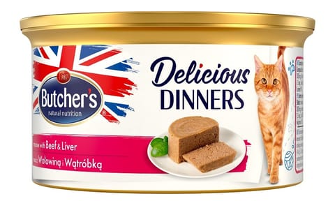 ⁨Butcher’s Delicious Dinners Cat- mokra karma dla kota  z wołowiną i wątróbką w formie musu - puszka - 85 g⁩ w sklepie Wasserman.eu