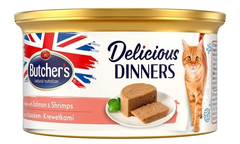 ⁨Butcher’s Delicious Dinners Cat - mokra karma dla kota z łososiem i krewetkami w formie musu - puszka 85 g⁩ w sklepie Wasserman.eu