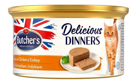 ⁨Butcher’s Delicious Dinners Cat z kurczakiem i indykiem - mokra karma dla kota  w formie musu - puszka 85 g⁩ w sklepie Wasserman.eu