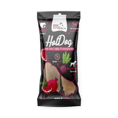 ⁨SYTA MICHA Chewing Hot Dog Rabbit with pomegranate in Deer skin - dog treat - 2 pcs.⁩ at Wasserman.eu