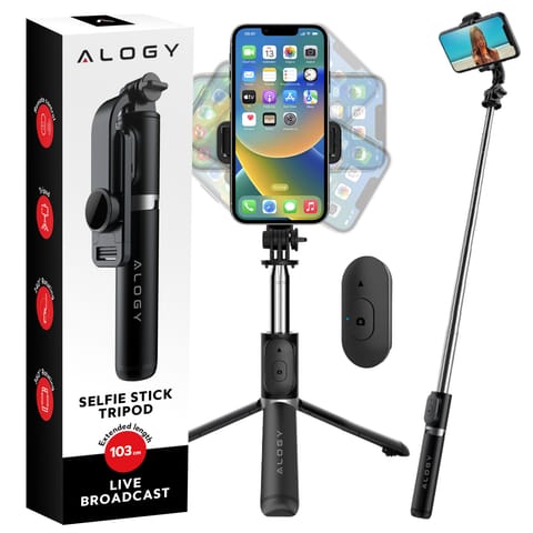 ⁨Kijek Selfie Stick Alogy uchwyt do telefonu zdjęć statyw Tripod 103 cm + Pilot Bluetooth Czarny⁩ w sklepie Wasserman.eu