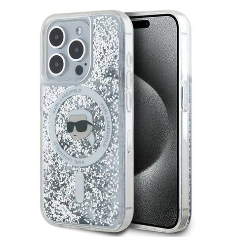 ⁨Oryginalne Etui IPHONE 15 PRO Karl Lagerfeld Hardcase Liquid Glitter Choupette Head MagSafe (KLHMP15LLGKISGH) transparentne⁩ w sklepie Wasserman.eu