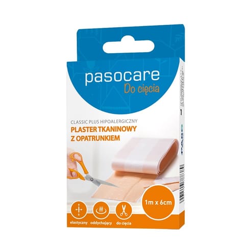 ⁨PASOCARE Classic Plus Hipoalergiczny Plaster tkaninowy z opatrunkiem - do cięcia 1m x 6cm⁩ w sklepie Wasserman.eu