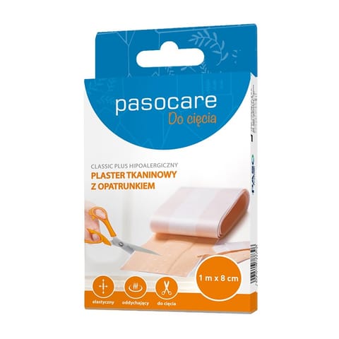 ⁨PASOCARE Classic Plus Hipoalergiczny Plaster tkaninowy z opatrunkiem - do cięcia 1m x 8cm⁩ w sklepie Wasserman.eu