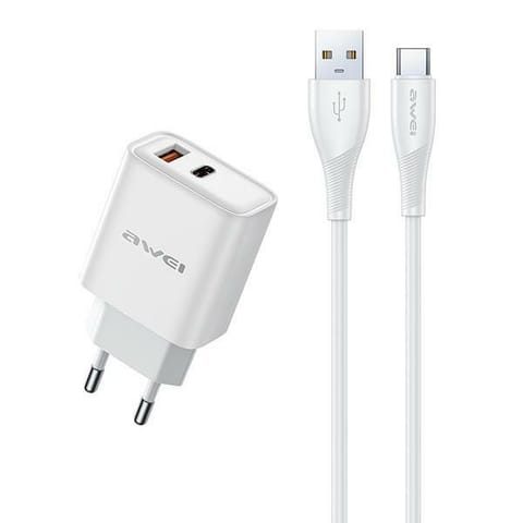 ⁨AWEI ład. siec. PD81T-EU 22.5W + kabel USB + USB-C biała/white GaN⁩ w sklepie Wasserman.eu