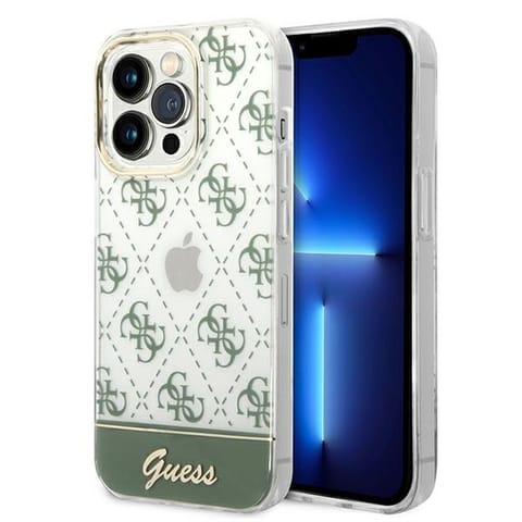 ⁨Guess 4G Stripe Script Logo Electroplated Pattern – iPhone 14 Pro Max (Khaki) Case⁩ at Wasserman.eu