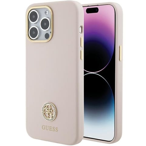 ⁨Guess GUHCP15XM4DGPP iPhone 15 Pro Max 6.7" jasnoróżowy/pink hardcase Silicone Logo Strass 4G⁩ w sklepie Wasserman.eu