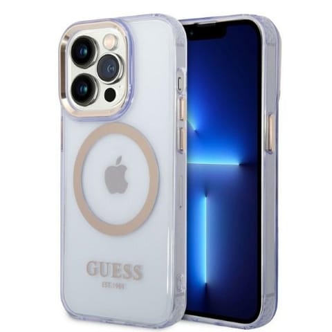 ⁨Guess GUHMP14XHTCMU iPhone 14 Pro Max 6,7" magenta/purple hard case Gold Outline Translucent MagSafe⁩ at Wasserman.eu