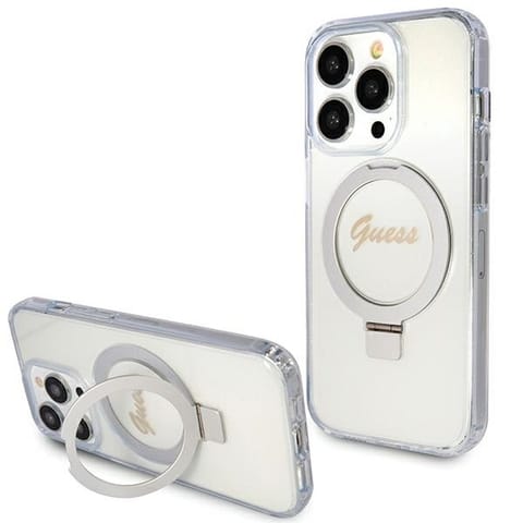 ⁨Guess GUHMP15LHRSGSD iPhone 15 Pro 6.1" przezroczysty/transparent hardcase Ring Stand Script Glitter MagSafe⁩ w sklepie Wasserman.eu