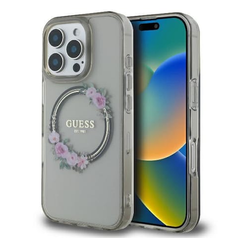 ⁨Guess GUHMP16LHFWFCK iPhone 16 Pro 6.3" czarny/black hardcase IML Flowers Wreath MagSafe⁩ w sklepie Wasserman.eu