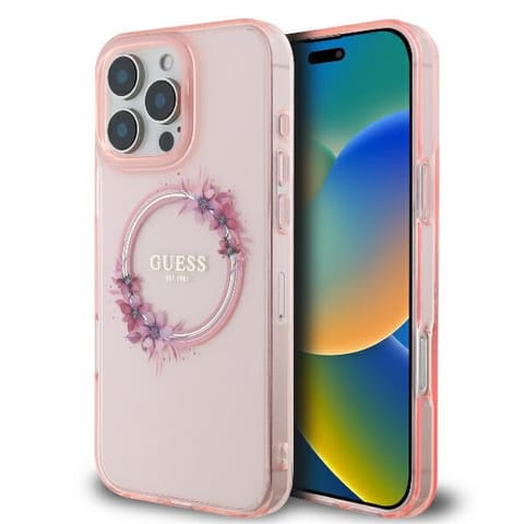 ⁨Guess GUHMP16LHFWFCP iPhone 16 Pro 6.3" różowy/pink hardcase IML Flowers Wreath MagSafe⁩ w sklepie Wasserman.eu