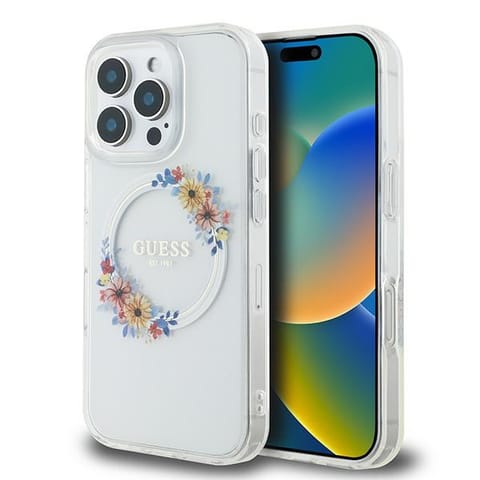 ⁨Guess GUHMP16LHFWFCT iPhone 16 Pro 6.3" przeźroczysty/transprent hardcase IML Flowers Wreath MagSafe⁩ w sklepie Wasserman.eu