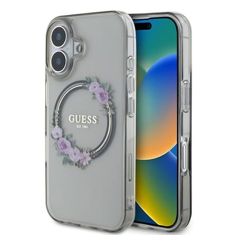 ⁨Guess GUHMP16SHFWFCK iPhone 16 6.1" czarny/black hardcase IML Flowers Wreath MagSafe⁩ w sklepie Wasserman.eu