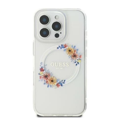 ⁨Guess GUHMP16SHFWFCT iPhone 16 6.1" przeźroczysty/transparent hardcase IML Flowers Wreath MagSafe⁩ w sklepie Wasserman.eu