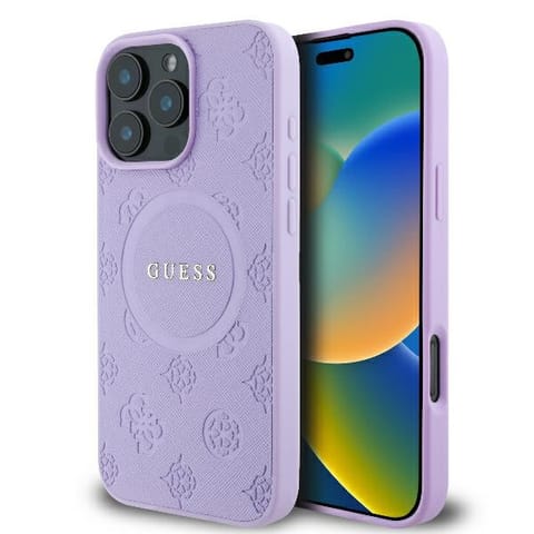 ⁨Guess GUHMP16LPSAPSMEU iPhone 16 Pro 6.3" fioletowy/purple hardcase Saffiano Peony Classic Logo MagSafe⁩ w sklepie Wasserman.eu