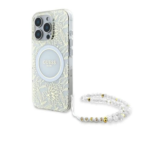 ⁨Guess GUHMP16LHCPOFPH iPhone 16 Pro 6.3"  biały/white hardcase IML Flowers Allover Electro With Pearl Strap MagSafe⁩ w sklepie Wasserman.eu