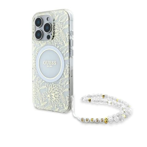 ⁨Guess GUHMP16LHCPOFPH iPhone 16 Pro 6.3" biały/white hardcase IML Flowers Allover Electro With Pearl Strap MagSafe⁩ w sklepie Wasserman.eu