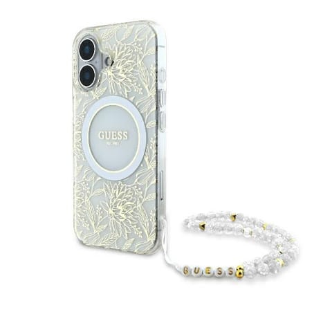 ⁨Guess GUHMP16MHCPOFPH iPhone 16 Plus 6.7" biały/white hardcase IML Flowers Allover Electro With Pearl Strap MagSafe⁩ w sklepie Wasserman.eu