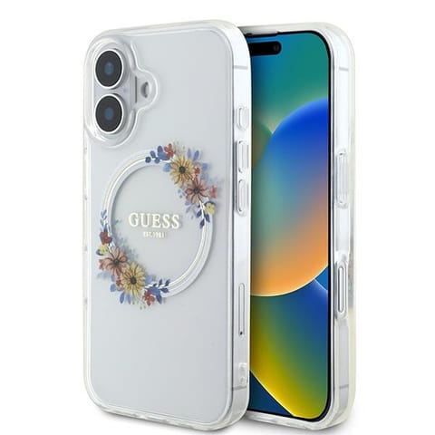 ⁨Guess GUHMP16MHFWFCT iPhone 16 Plus 6.7" przeźroczysty/transparent hardcase IML Flowers Wreath MagSafe⁩ w sklepie Wasserman.eu