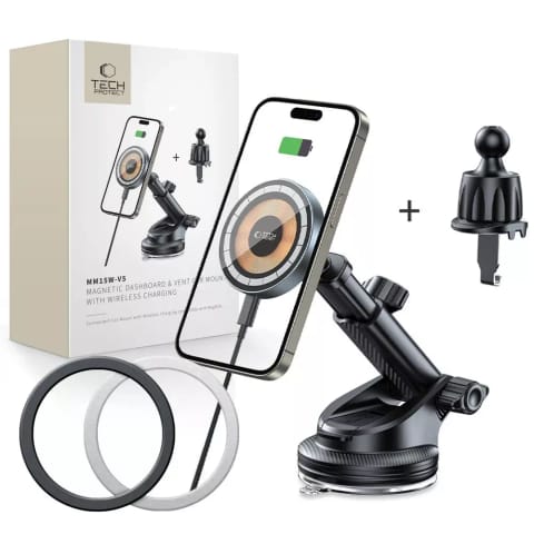 ⁨Uchwyt samochodowy indukcyjny magnetyczny MM15W-V5 Magnetic MagSafe DashBoard and Vent Car Mount Wireless Charger 15W do kratki Czarny⁩ w sklepie Wasserman.eu